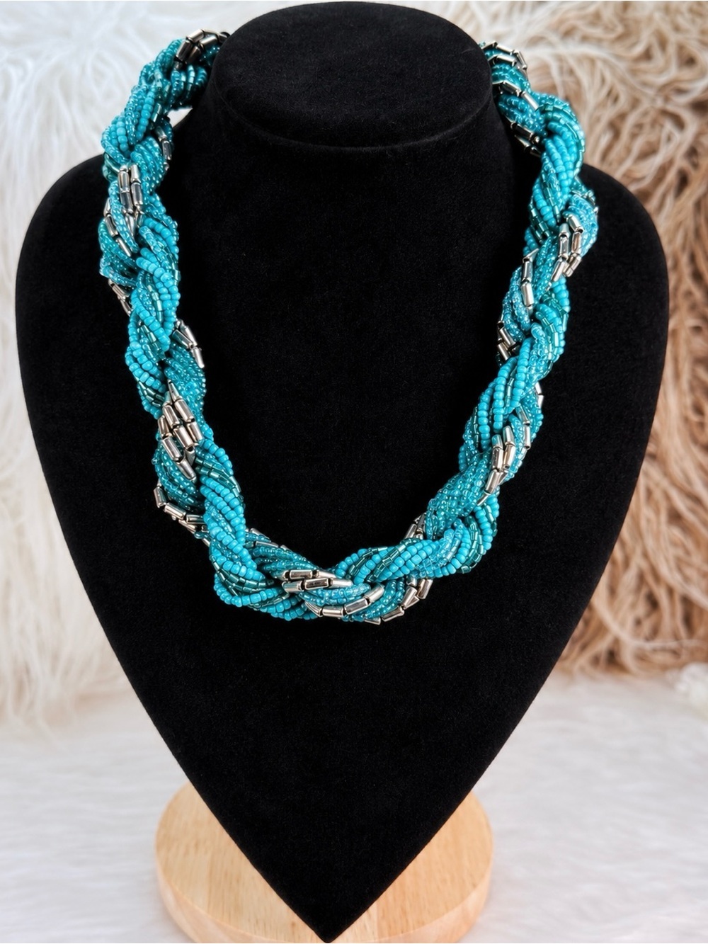 Vintage Braided Faux Turquoise Blue Silvertone Beaded Necklace